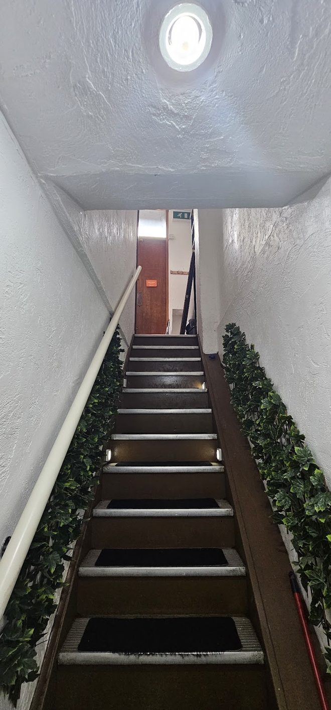The narrow staircase with ivy running up the wall to the upstairs seating